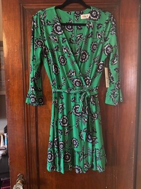 Eliza J Green Floral Wrap Midi Dress with Tie Waist
